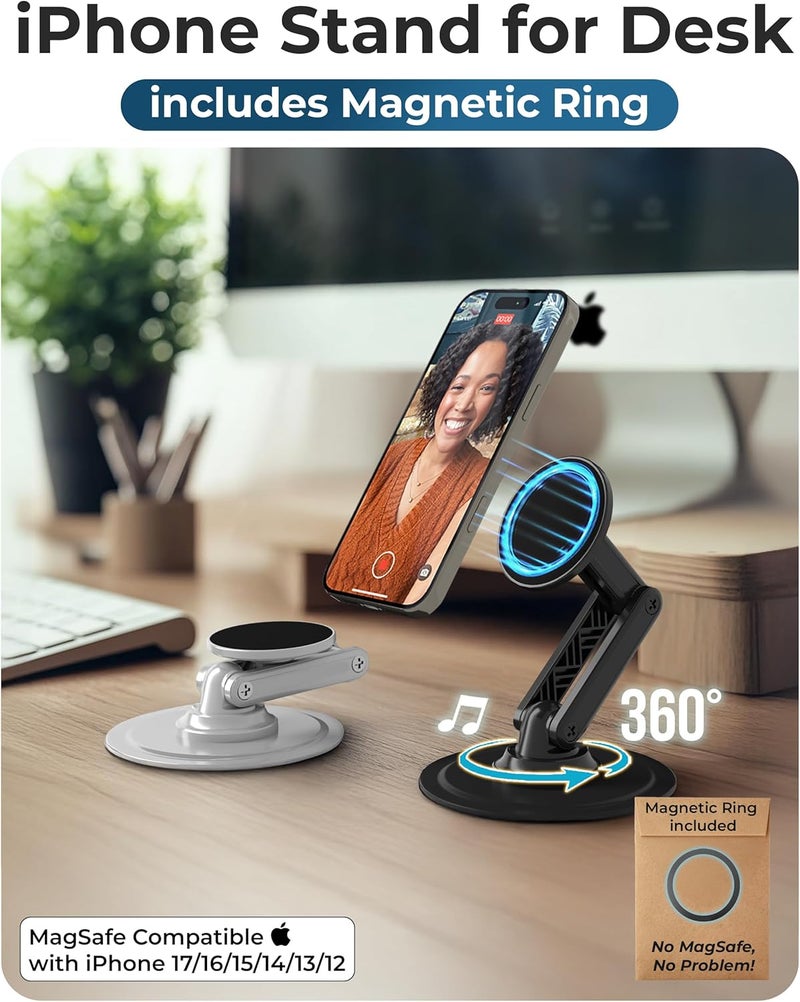 كوبر حامل الهاتف المغناطيسي Mag360، حامل هاتف مكتبي متوافق مع حامل MagSafe، قابل للتعديل بزاوية 360 درجة، حامل iPhone لأجهزة iPhone 16 Pro Max/15/14/13/12، يشمل حلقتين معدنيتين للهواتف الأخرى - أسود - Image 2