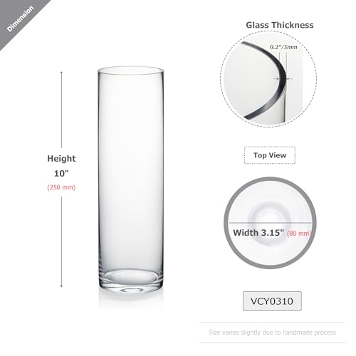 WGVI Quality Thick Weighted Clear Cylinder Glass Vases, 3" W x 10" H, Flower Bud Vase Skinny Narrow Floral Bouquet Container for Wedding Centerpieces Tabletop Pen Brush Holder, 1 Piece - Image 2
