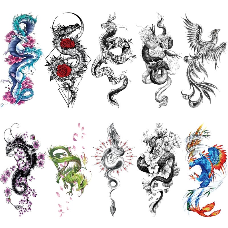 10 Sheet Realistic Floral Dragon Tattoo Temporary Thigh Tattoo For Women Adult, Large 3D Color Black Flower Rose Sleeve Fake Arm Tattoo Sticker Girl, Sexy Phoenix Temp Tatoo Back Spine Waist