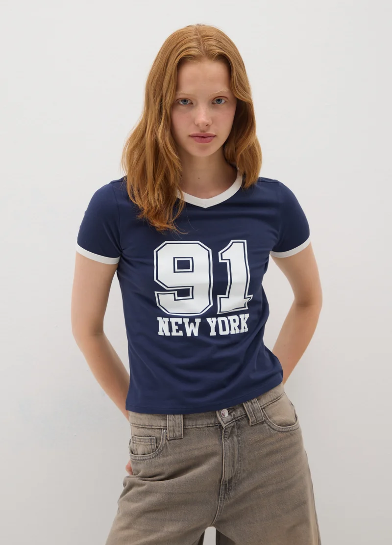 او في اس BLUE STRETCH COTTON T-SHIRT REGULAR FIT