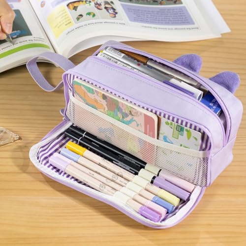 CICIMELON Cartoon Pencil Case, Large Capacity Pen Pouch with Embroidered Animal Design, School Supplies Bag for Kids, Teens, Students (Purple Koala) - Image 2