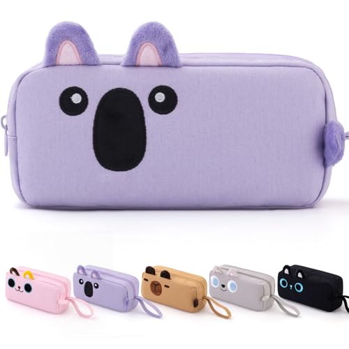 CICIMELON Cartoon Pencil Case, Large Capacity Pen Pouch with Embroidered Animal Design, School Supplies Bag for Kids, Teens, Students (Purple Koala) - Image 1