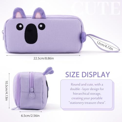 CICIMELON Cartoon Pencil Case, Large Capacity Pen Pouch with Embroidered Animal Design, School Supplies Bag for Kids, Teens, Students (Purple Koala) - Image 3
