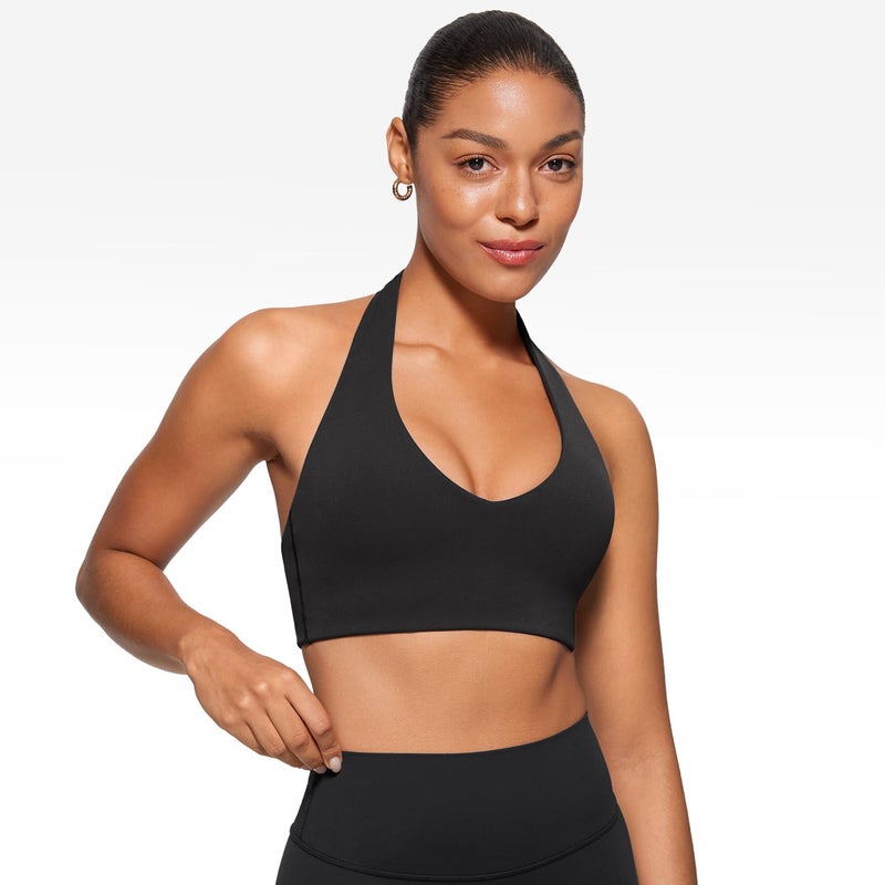 INGIA Womens Halter Longline Sports Bra Padded Low Back Yoga Bra Workout Crop Top with Built in Bra Black Small - Image 3