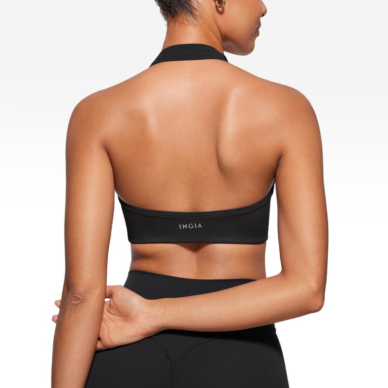 INGIA Womens Halter Longline Sports Bra Padded Low Back Yoga Bra Workout Crop Top with Built in Bra Black Small - Image 2