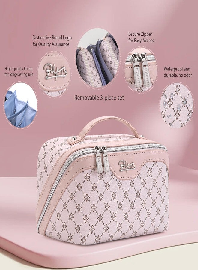 BOYATU Travel Makeup Bag Cosmetic Bags for Women: 3 Pcs Set Portable Make up Bag with Handle - Vegan Leather Toiletry Bags with Compartments - Makeup Organizer for Travel Essentials, A-3-Pink - Image 2