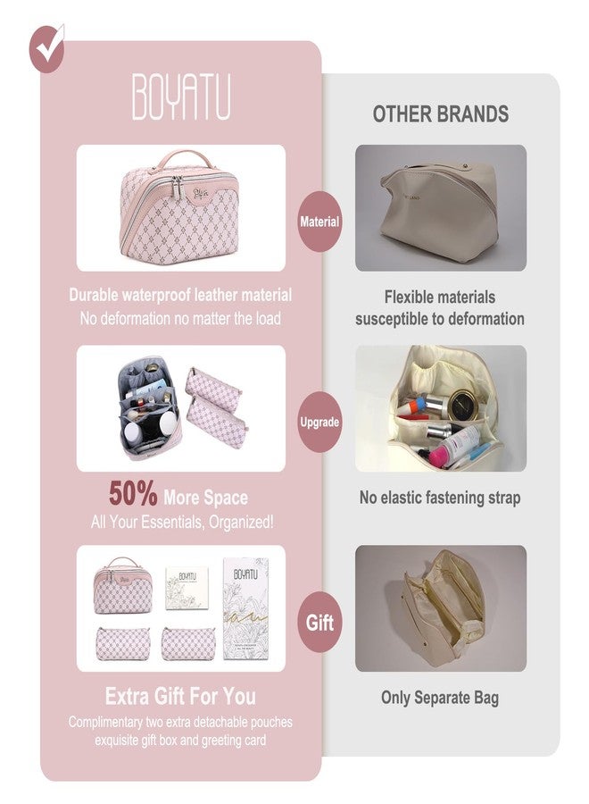 BOYATU Travel Makeup Bag Cosmetic Bags for Women: 3 Pcs Set Portable Make up Bag with Handle - Vegan Leather Toiletry Bags with Compartments - Makeup Organizer for Travel Essentials, A-3-Pink - Image 3