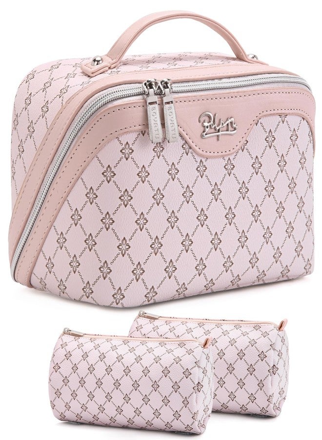 BOYATU Travel Makeup Bag Cosmetic Bags for Women: 3 Pcs Set Portable Make up Bag with Handle - Vegan Leather Toiletry Bags with Compartments - Makeup Organizer for Travel Essentials, A-3-Pink - Image 1
