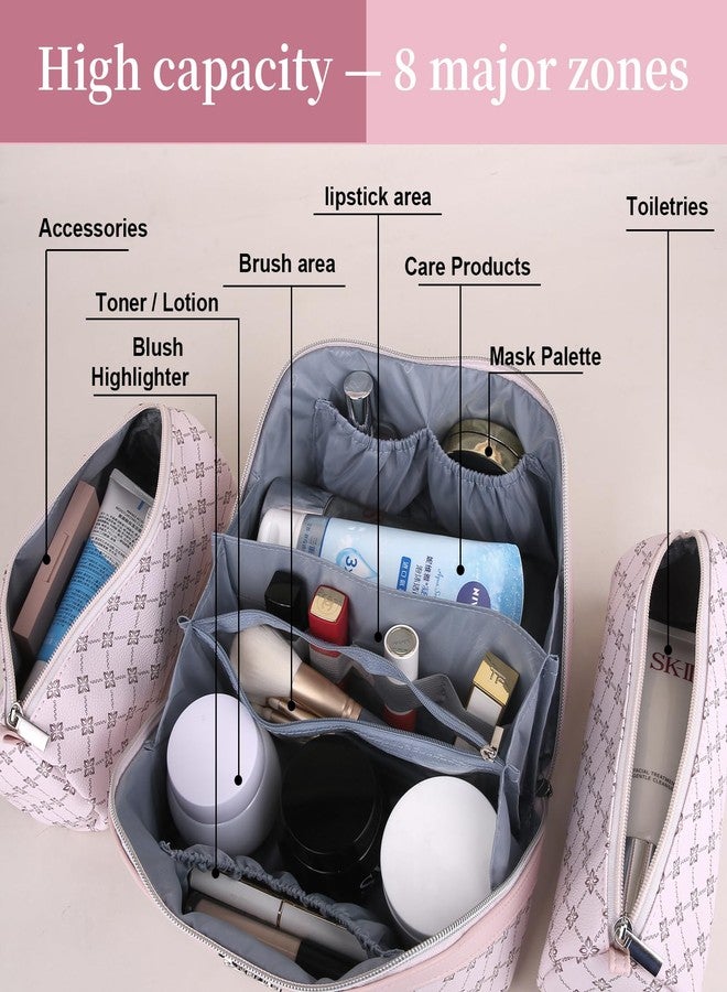 BOYATU Travel Makeup Bag Cosmetic Bags for Women: 3 Pcs Set Portable Make up Bag with Handle - Vegan Leather Toiletry Bags with Compartments - Makeup Organizer for Travel Essentials, A-3-Pink - Image 5