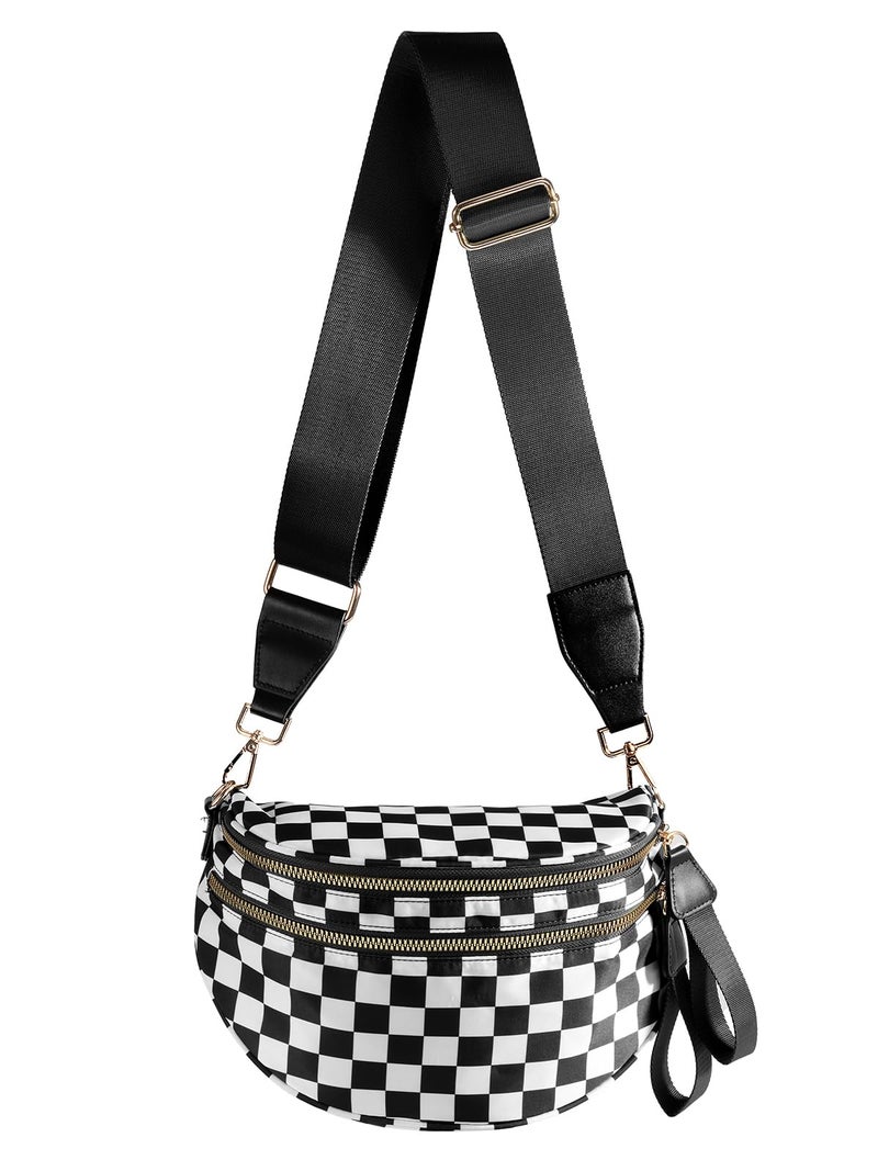 MEISEY Black and White Checkered Crossbody Bum Bag for Women,Spacious Checkered Purse Fanny Packs Belt Bag Sling Bag with Shoulder Strap (Black and White Checkered) - Image 1