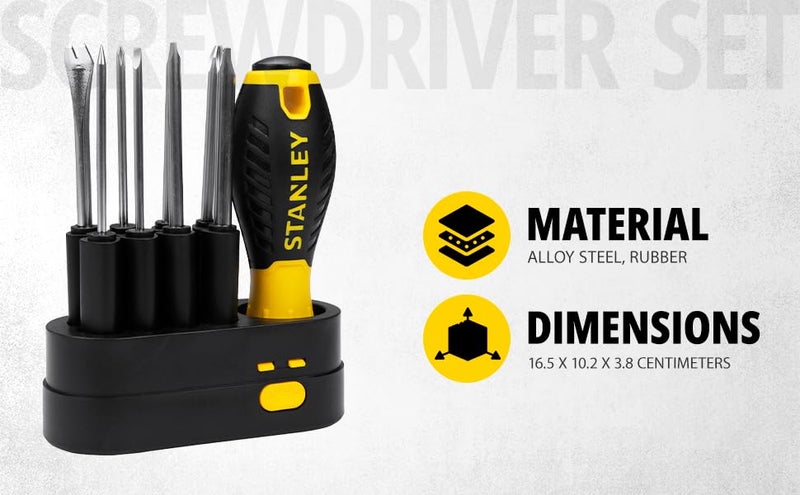 Stanley STANLEY STHT62511 9-Way Screwdriver Set with Storage Case for Home, DIY, Professional & Industrial Use Ideal for Carpentry, Construction, Mechanical, Electrical & Plumbing Tasks, YELLOW & BLACK  - Image 5
