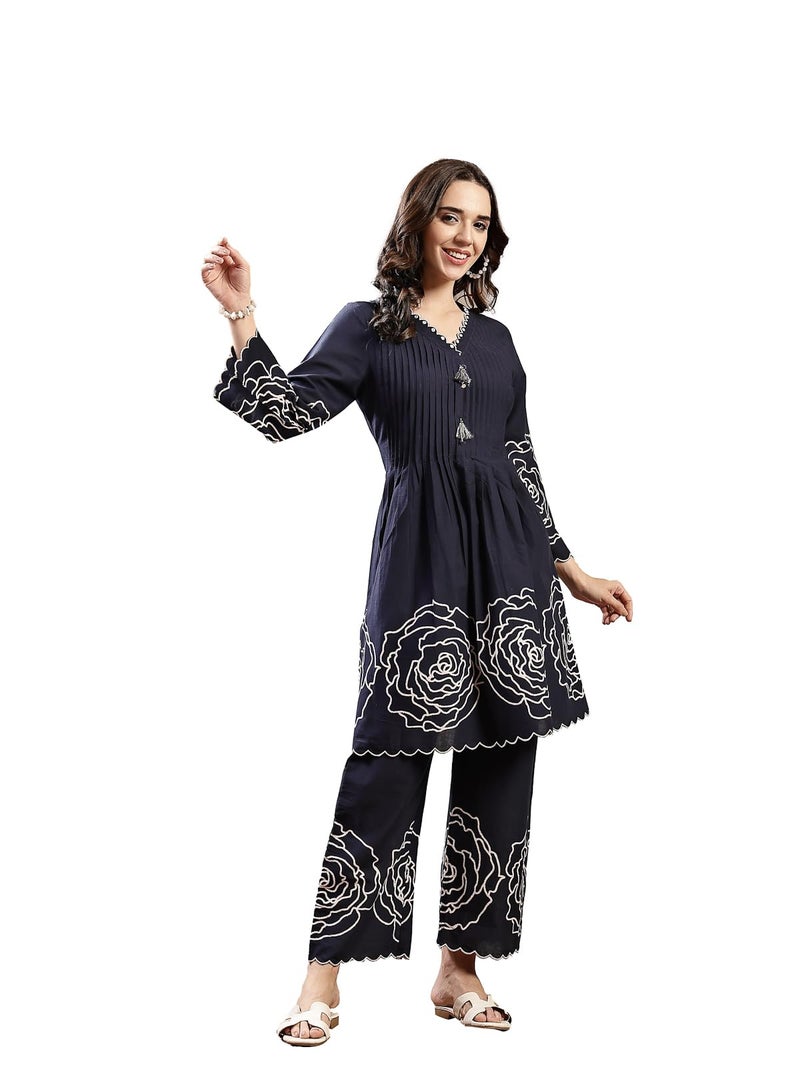 Stylum Women's Navy Blue Solid & Embroidered Cotton Short Kurti Pant Set - Image 1