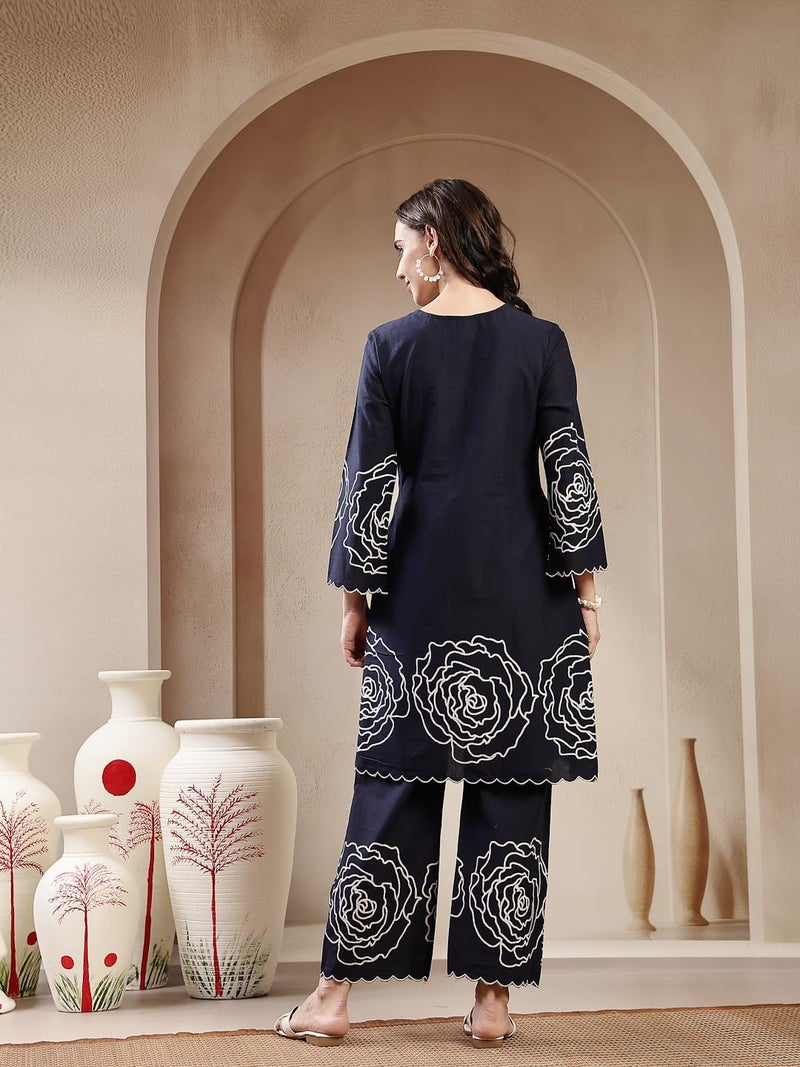 Stylum Women's Navy Blue Solid & Embroidered Cotton Short Kurti Pant Set - Image 2