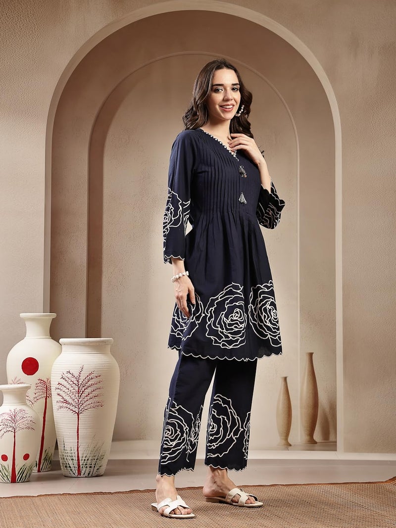 Stylum Women's Navy Blue Solid & Embroidered Cotton Short Kurti Pant Set - Image 3