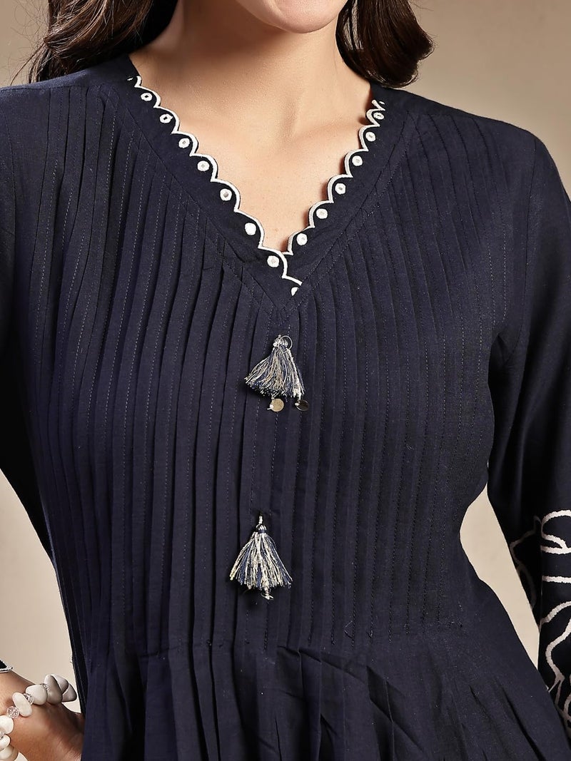 Stylum Women's Navy Blue Solid & Embroidered Cotton Short Kurti Pant Set - Image 4