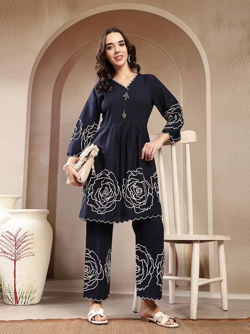 Stylum Women's Navy Blue Solid & Embroidered Cotton Short Kurti Pant Set - Image 5