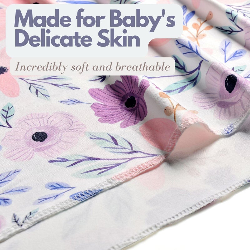Vollmic Newborn Baby Girl Receiving Blanket Swaddle Blanket Stretchy Knit Swaddle Set with Matching Headband Beanie with a Name Card (Pink and Purple Floral) - Image 5