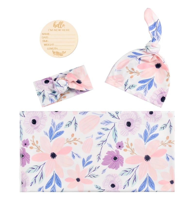 Vollmic Newborn Baby Girl Receiving Blanket Swaddle Blanket Stretchy Knit Swaddle Set with Matching Headband Beanie with a Name Card (Pink and Purple Floral) - Image 3