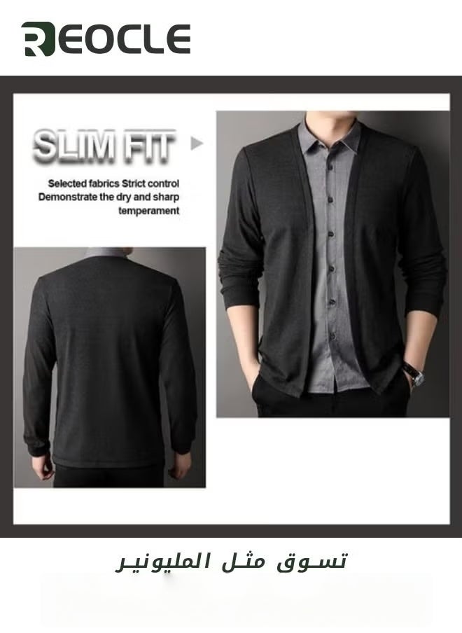 REOCLE Mens Knit Cardigan Slim Fit Knitwear Shirt Collar Casual & Business Mock Two-piece Lightweight Kintted Cardigan Sweater - Image 3