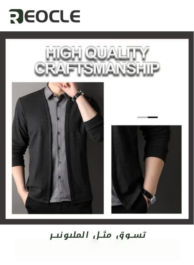REOCLE Mens Knit Cardigan Slim Fit Knitwear Shirt Collar Casual & Business Mock Two-piece Lightweight Kintted Cardigan Sweater - Image 2