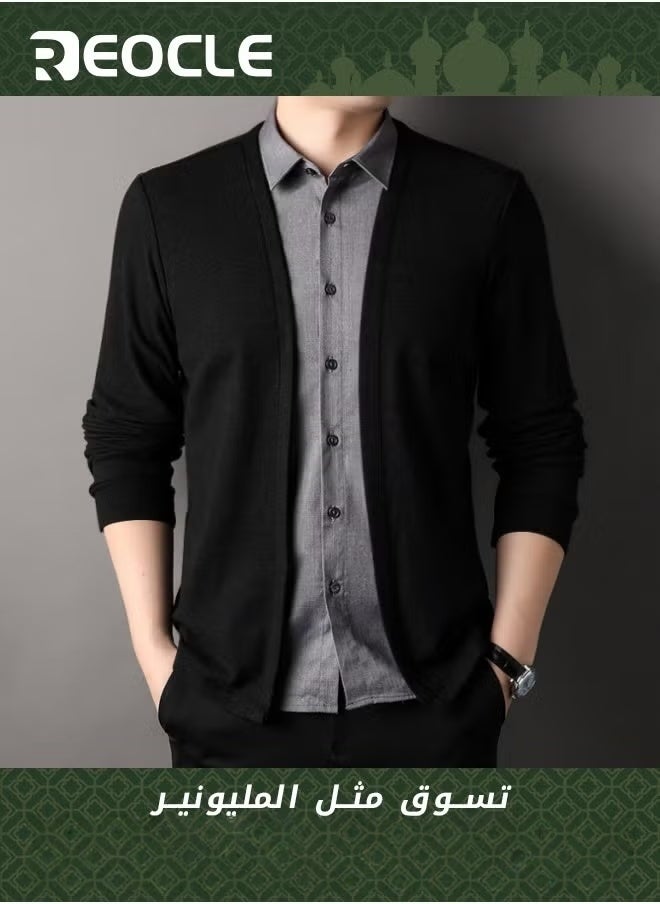 REOCLE Mens Knit Cardigan Slim Fit Knitwear Shirt Collar Casual & Business Mock Two-piece Lightweight Kintted Cardigan Sweater - Image 1