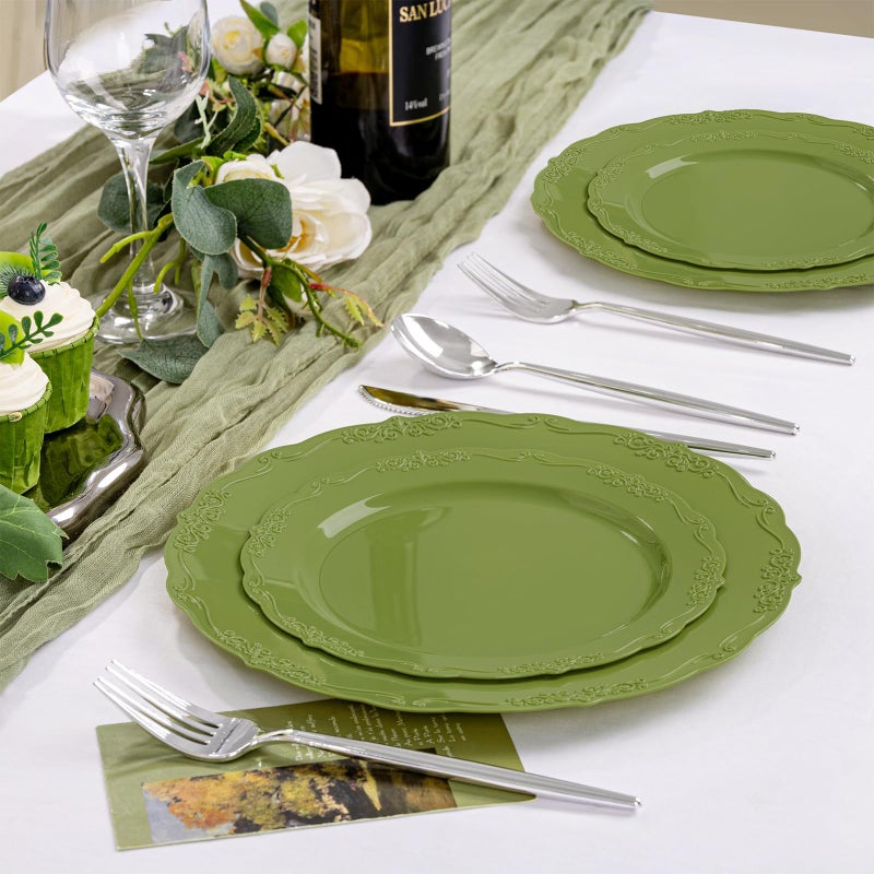 U-QE 100PCS Olive Green Plastic Plates - Plastic Green Plates Disposable Heavy Duty - Olive Disposable Plates for Party Including 50PCS 10'' Dinner & 50PCS 7.5'' Dessert Plate - Image 5
