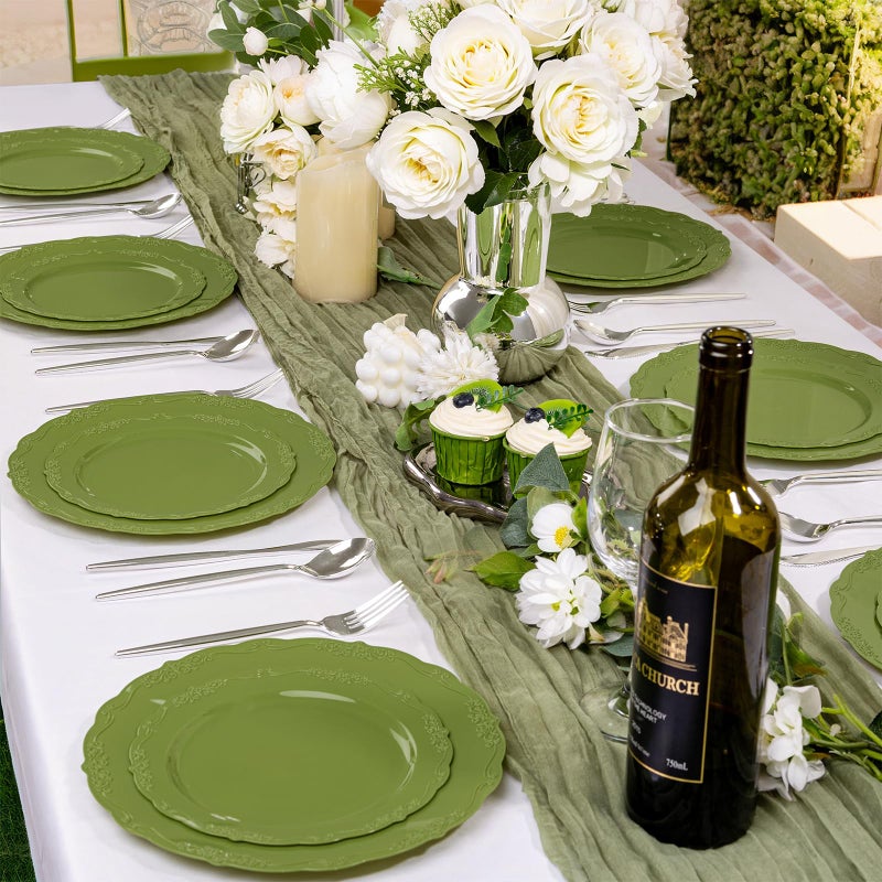 U-QE 100PCS Olive Green Plastic Plates - Plastic Green Plates Disposable Heavy Duty - Olive Disposable Plates for Party Including 50PCS 10'' Dinner & 50PCS 7.5'' Dessert Plate - Image 3