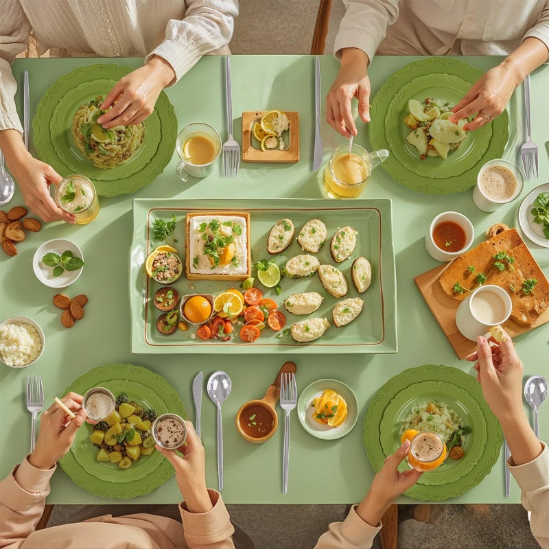 U-QE 100PCS Olive Green Plastic Plates - Plastic Green Plates Disposable Heavy Duty - Olive Disposable Plates for Party Including 50PCS 10'' Dinner & 50PCS 7.5'' Dessert Plate - Image 4