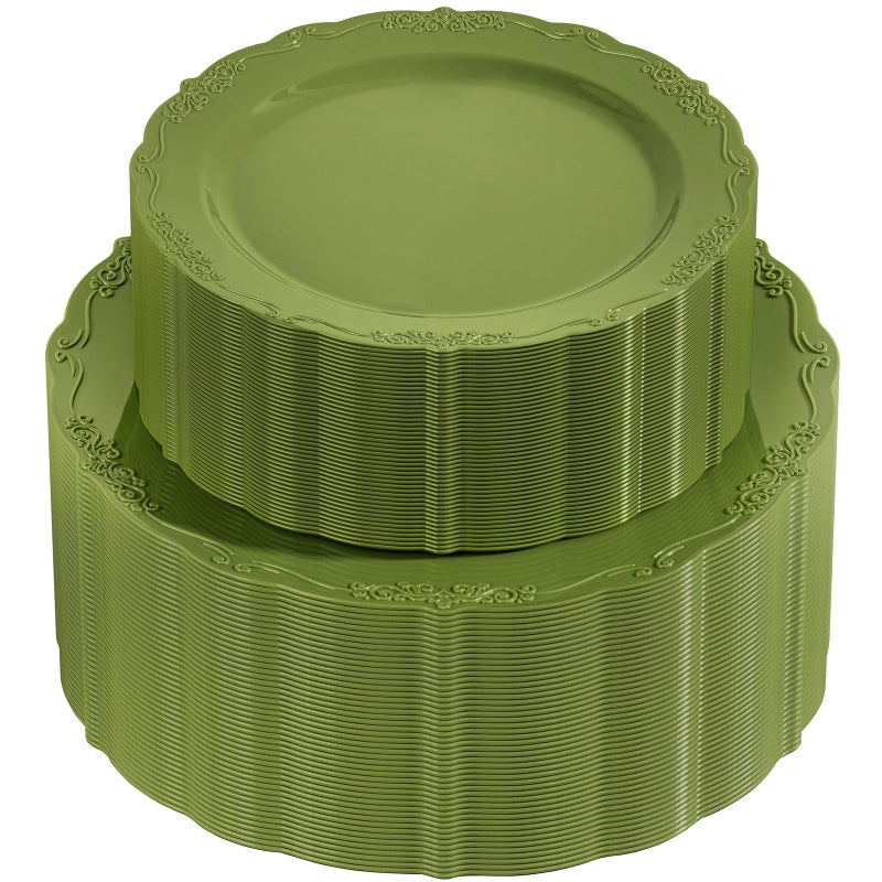 U-QE 100PCS Olive Green Plastic Plates - Plastic Green Plates Disposable Heavy Duty - Olive Disposable Plates for Party Including 50PCS 10'' Dinner & 50PCS 7.5'' Dessert Plate - Image 1