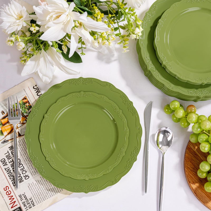 U-QE 100PCS Olive Green Plastic Plates - Plastic Green Plates Disposable Heavy Duty - Olive Disposable Plates for Party Including 50PCS 10'' Dinner & 50PCS 7.5'' Dessert Plate - Image 2