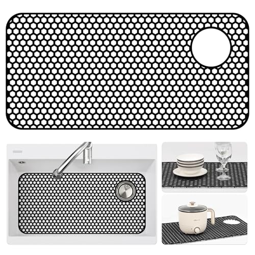 Bestjing Silicone Sink Protectors for Kitchen Sink 284x 143 Kitchen Protector Accessory NonSlip Heat Resistant Mat for Bottom of Farmhouse Porcelain Stainless SteelTop Right Drain HoleBlack - Image 1