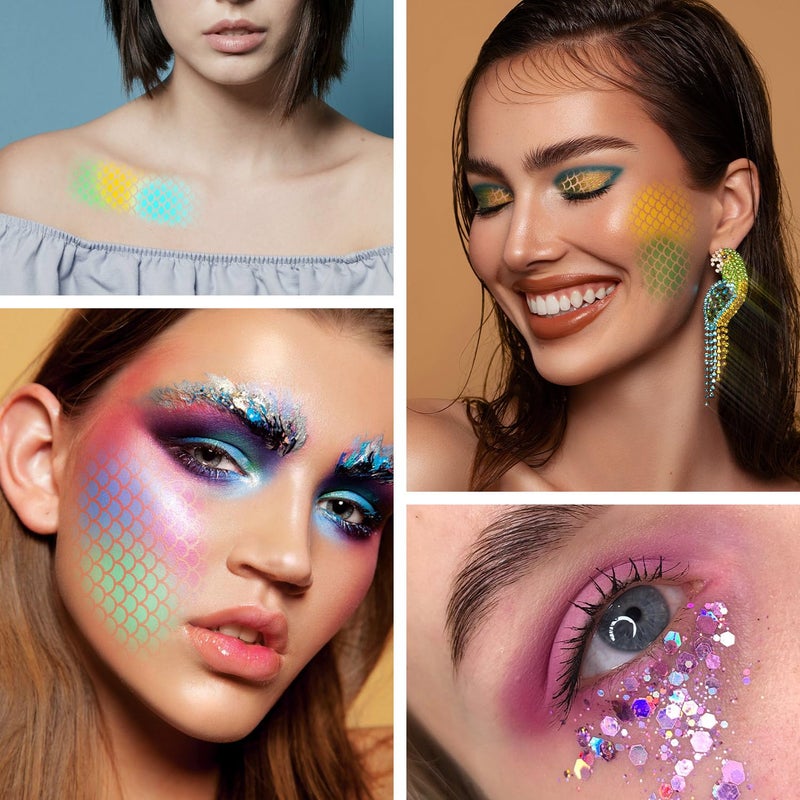 ALDMIO Mermaid Scale Stencil Kit,11Pcs Reusable Mermaid Face Makeup Templates and 4 Pcs Makeup Brushes 2 Bottles Glitter, Women Girls Body Art Face Painting Wall Accessories - Image 5