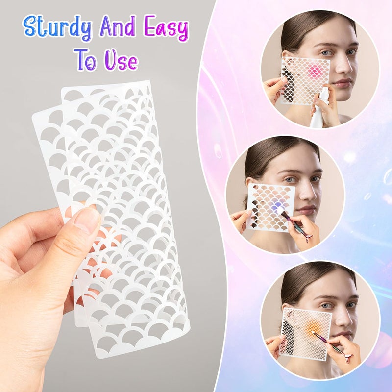 ALDMIO Mermaid Scale Stencil Kit,11Pcs Reusable Mermaid Face Makeup Templates and 4 Pcs Makeup Brushes 2 Bottles Glitter, Women Girls Body Art Face Painting Wall Accessories - Image 3