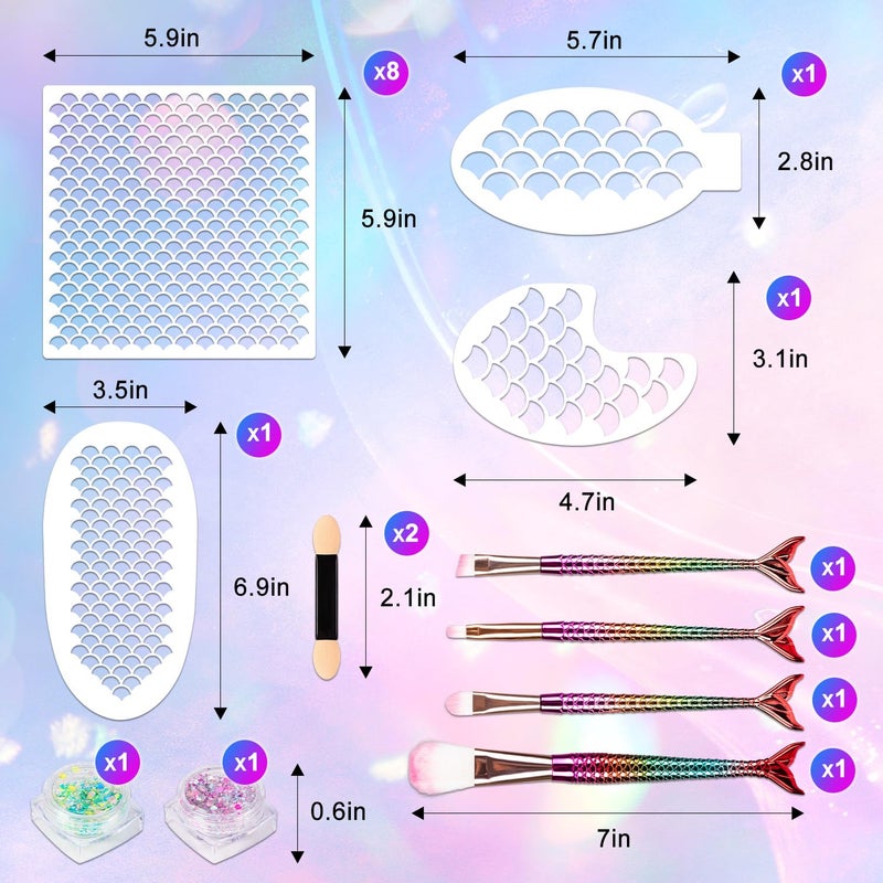 ALDMIO Mermaid Scale Stencil Kit,11Pcs Reusable Mermaid Face Makeup Templates and 4 Pcs Makeup Brushes 2 Bottles Glitter, Women Girls Body Art Face Painting Wall Accessories - Image 4