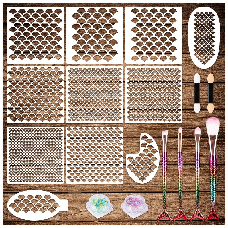 ALDMIO Mermaid Scale Stencil Kit,11Pcs Reusable Mermaid Face Makeup Templates and 4 Pcs Makeup Brushes 2 Bottles Glitter, Women Girls Body Art Face Painting Wall Accessories - Image 1