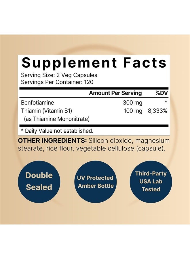 NatureBell Benfotiamine 300mg with Thiamine 100mg Per Serving | 240 Veggie Capsules – Essential Vitamin B1 Benfotiamine Supplement – Vegetarian Friendly - Image 2