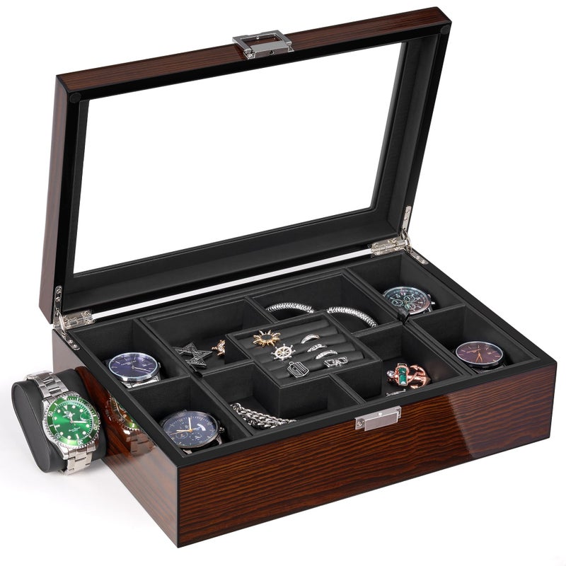 BEWISHOME Jewelry Box for Men Mens Jewelry Box with Glass Top Wooden Watch Box Organizer with Smooth Faux Leather Interior Jewelry Display Case for Earrings Rings Bracelets Watches Brown SSH07Y