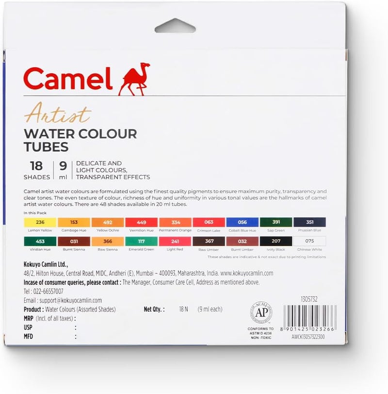 Camlin Camel Artist's Water Colours(18 assorted) 9m1 tubes -1305732 - Image 2