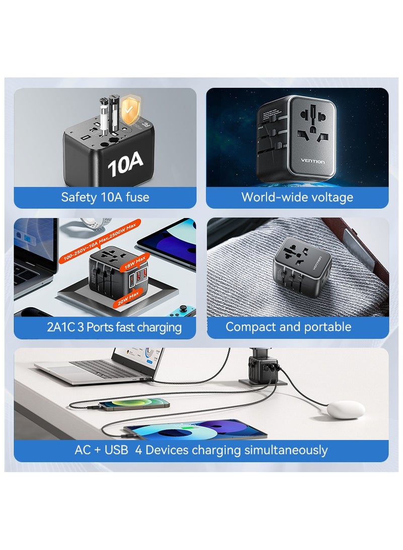 Vention 3-Port USB (C+A+A) Universal Travel Adapter, 20W/18W/18W Fast Charging, 2500W AC Output, Multi-Plug Worldwide Compatibility with US/UK/EU/AU Plug – FJEB0 - Image 2