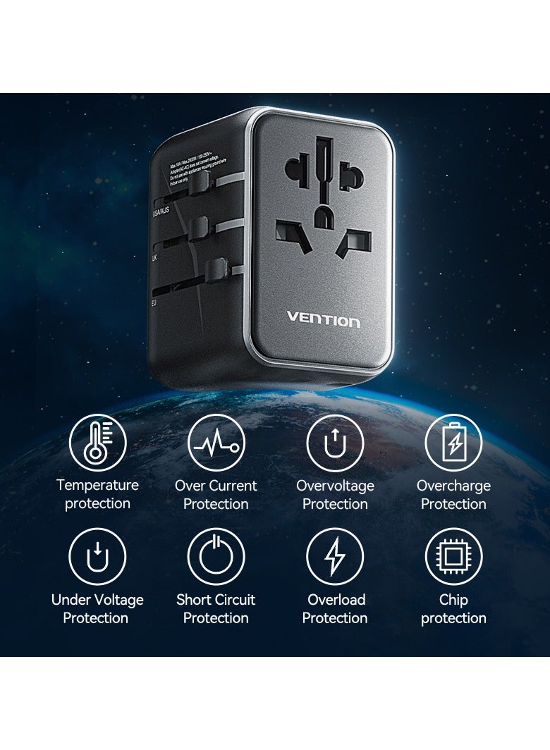 Vention 3-Port USB (C+A+A) Universal Travel Adapter, 20W/18W/18W Fast Charging, 2500W AC Output, Multi-Plug Worldwide Compatibility with US/UK/EU/AU Plug – FJEB0 - Image 4