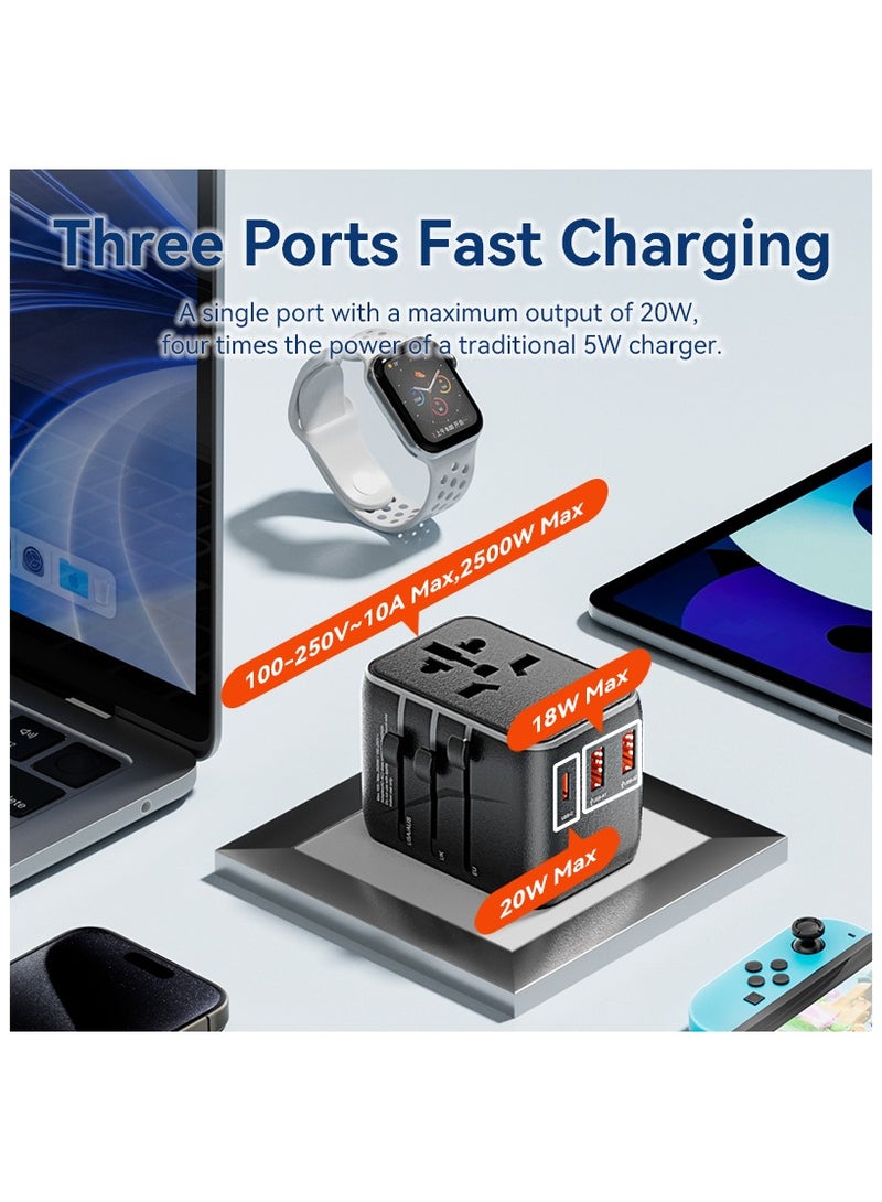 Vention 3-Port USB (C+A+A) Universal Travel Adapter, 20W/18W/18W Fast Charging, 2500W AC Output, Multi-Plug Worldwide Compatibility with US/UK/EU/AU Plug – FJEB0 - Image 5