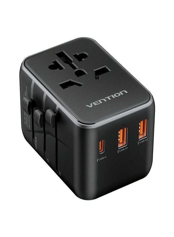 Vention 3-Port USB (C+A+A) Universal Travel Adapter, 20W/18W/18W Fast Charging, 2500W AC Output, Multi-Plug Worldwide Compatibility with US/UK/EU/AU Plug – FJEB0 - Image 1