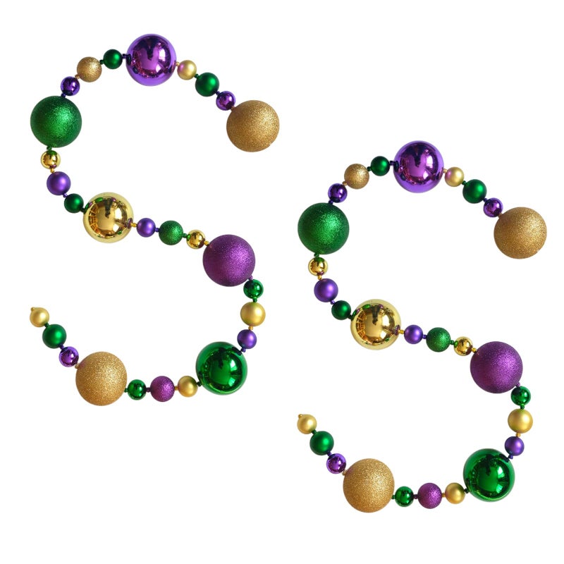 Bibelot Mardi Gras Garland, 6 Ft Mardi Gras Bead Garland with Purple Gold Green Metallic Balls, 2 Pack Festive Balls Ornaments for Mantel Party Decor Indoor Outdoor - Image 1