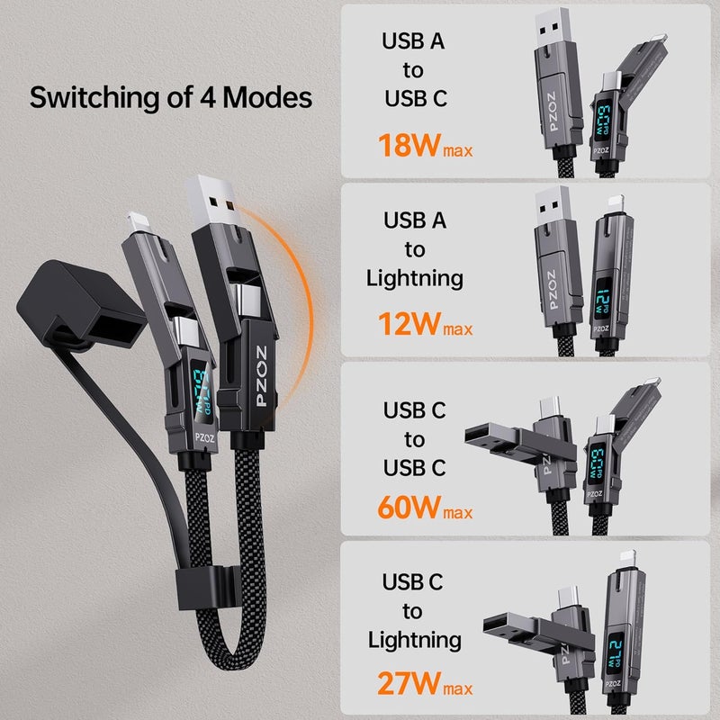PZOZ 4-in-1 Short Charging Cable 0.18M, 60W Fast Charge Keychain Cord with LED Display, USB C to Lightning/Type-C Multi Charger for iPhone 17/16/15, Samsung S25, Power Bank - Image 3