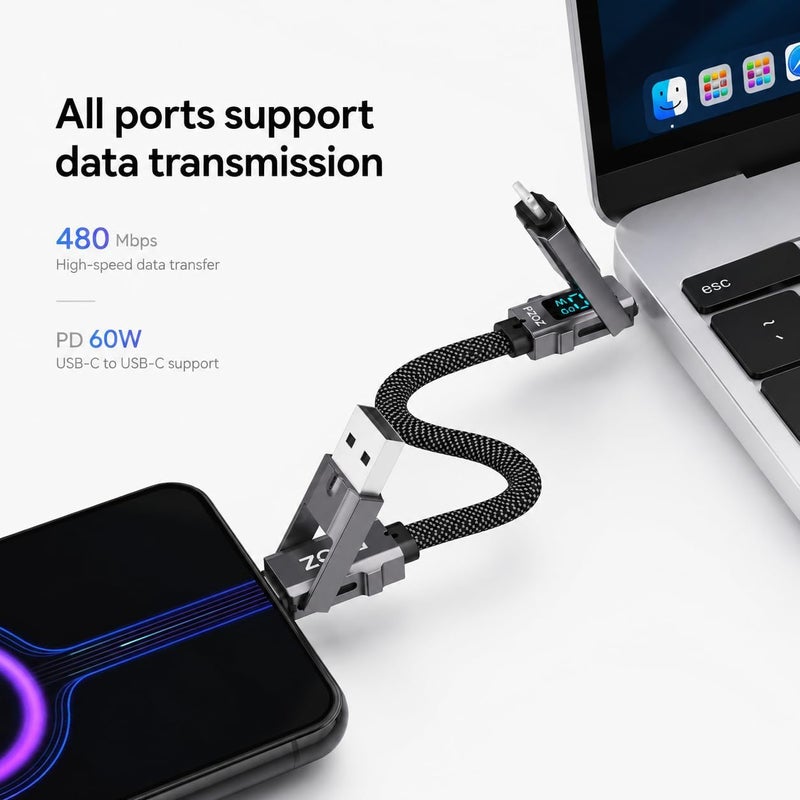 PZOZ 4-in-1 Short Charging Cable 0.18M, 60W Fast Charge Keychain Cord with LED Display, USB C to Lightning/Type-C Multi Charger for iPhone 17/16/15, Samsung S25, Power Bank - Image 5
