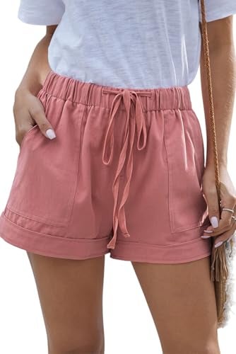 YOCUR Women Running Shorts Cute Soft Loose Cozy Lounge Workout Cotton Linen Elastic Waist Boxer Shorts Dusty Pink XL - Image 1