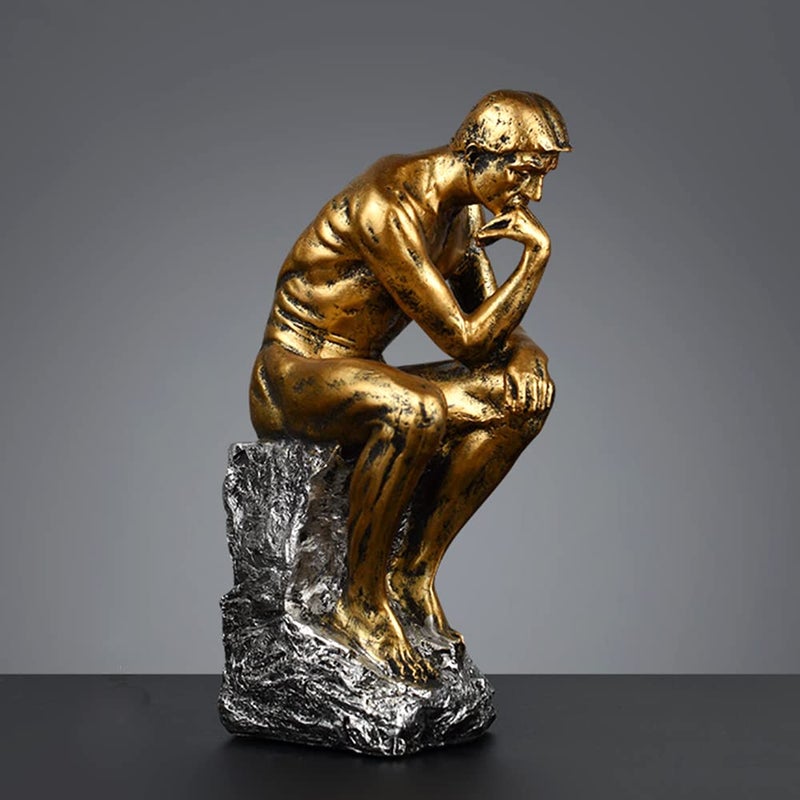FUNSXBUG 10 Inch Resin The Thinker Statue Thinking Man Sculptures Collectible Figurine Home Office Decor Living Room Decoration Gold