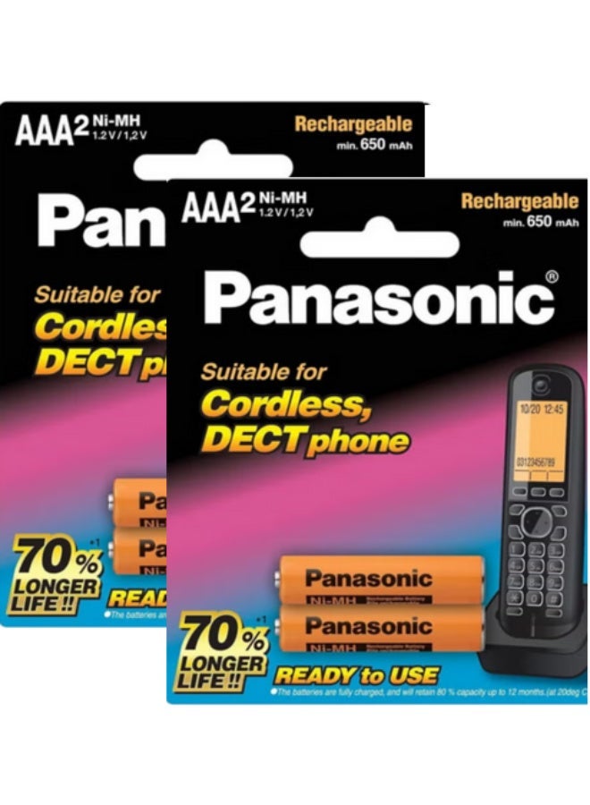 باناسونيك بطاريات باناسونيك الأصلية القابلة لإعادة الشحن AAA2 Ni-MH سعة 650 مللي أمبير/ساعة للهواتف اللاسلكية DECT / جهاز التحكم عن بعد / لوحة المفاتيح / الأجهزة الإلكترونية اليومية - 4 بطاريات (عبوة من بطاقتين) - Image 2