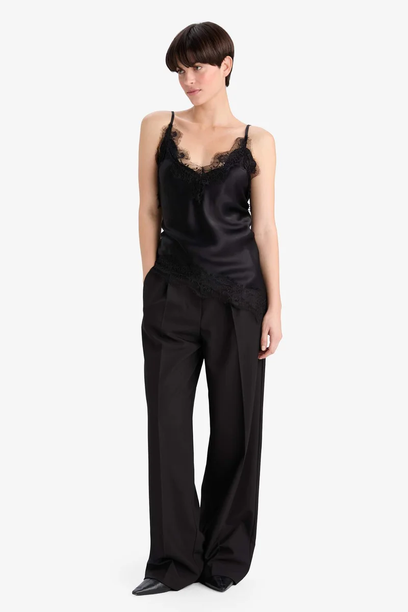 DeFacto Regular Fit V Neck Lace Detail Satin Thin Strappy Blouse