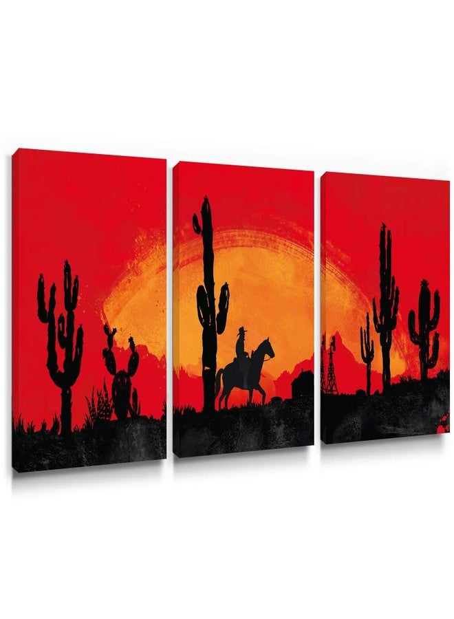 SUMGAR Red Wall Art Western Wall Decor Prints for Bedroom Bathroom, Cowboy Desert Cactus Sunset Pictures Southwest Canvas Paintings for office living room,12x16 inch - Image 1